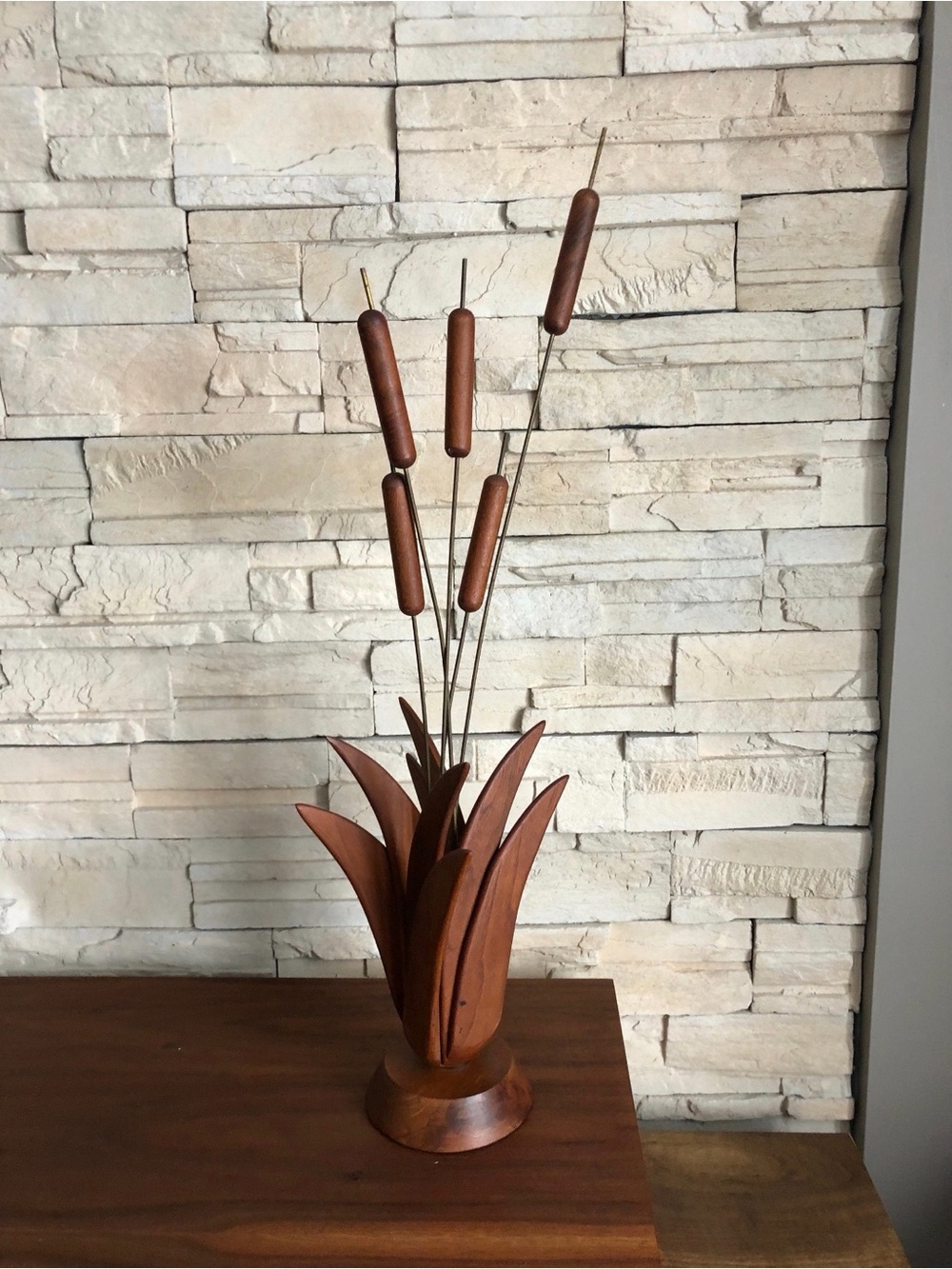 Stunning Rare Mid Century Modern Teak and Brass Cattail Sculpture - Picture 2 of 6